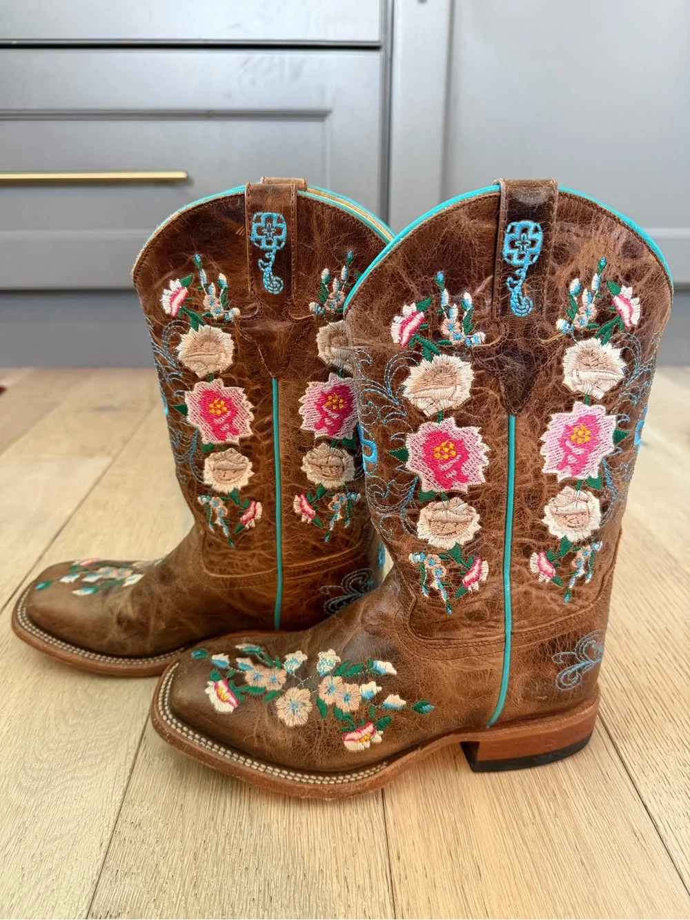 Macie Bean Brown Embroidered Western Women's Boots with Turquoise Accents
